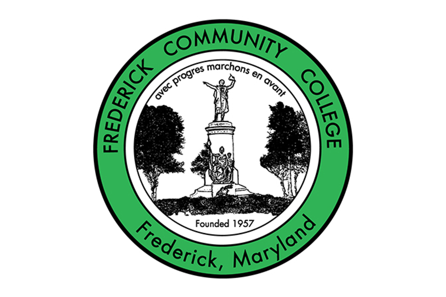 The circular green and white seal of Frederick Community College. The outer green ring displays the school's name and "Frederick, Maryland" in black text. The white center features a monument with a statue, flanked by trees, and the French phrase "avec progres marchons en avant" (with progress we march forward). It also notes "Founded 1957" at the bottom.
