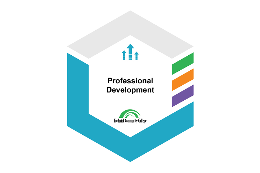 A teal hexagonal digital badge for Frederick Community College Professional Development, featuring an upward-pointing arrows icon and the college logo.