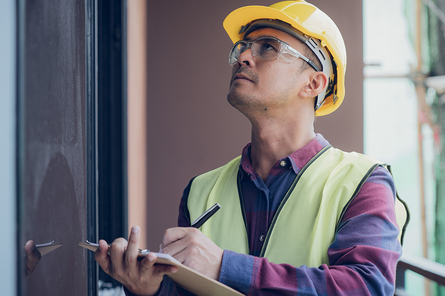 A male inspector wearing a yellow hard hat, safety glasses, and high-visibility vest writes on a clipboard while carefully examining the exterior of a building.