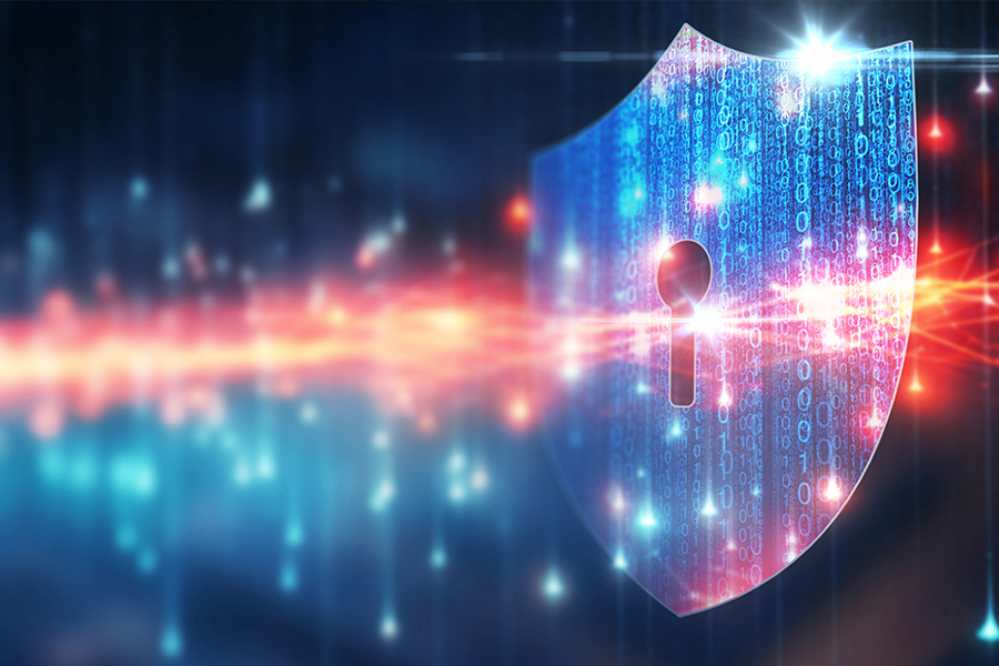 Graphic illustration of a digital shield and data stream, symbolizing network protection and cybersecurity workforce training.