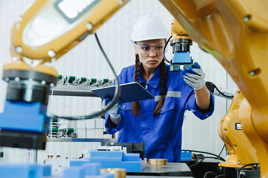 A manufacturing technology student or professional working with advanced robotics and automation in a clean, high-tech lab setting.