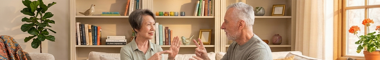 Two older adults sit across from each other on a sofa in a cozy, book-filled living room, engaged in an animated conversation with gesturing hands.