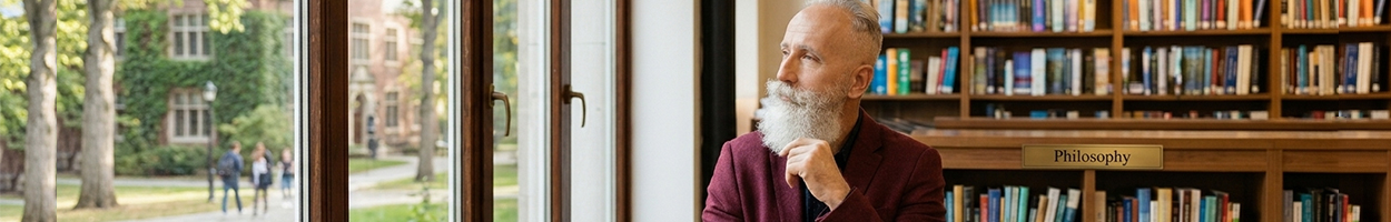 A contemplative older man with a white beard sitting near a window in a library setting.