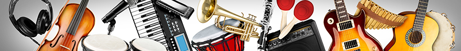 A collection of musical instruments arranged together, including a violin, bongo drums, keyboard, trumpet, clarinet, drum kit, electric guitar, acoustic guitar, tambourine, guitar amplifier, and headphones.